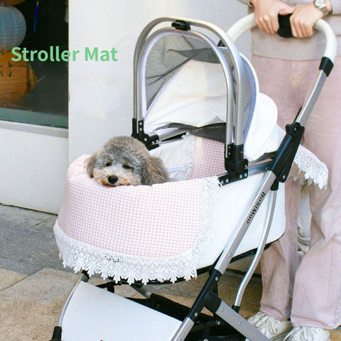 Soft and durable pet stroller pad, breathable and washable cushion for dogs and cats, foldable and anti-slip design.