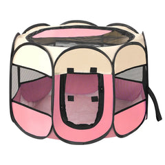 Foldable pet playpen with a mesh roof, zippered door, and spacious interior for small dogs and cats.