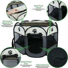 Foldable pet playpen with a mesh roof, zippered door, and spacious interior for small dogs and cats.