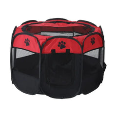 Foldable pet playpen with a mesh roof, zippered door, and spacious interior for small dogs and cats.
