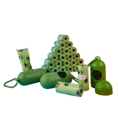 Biodegradable, scented pet waste bags with tie handles for easy and eco-friendly disposal.