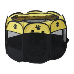 Foldable pet playpen with a mesh roof, zippered door, and spacious interior for small dogs and cats.