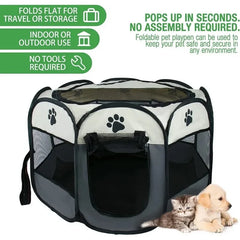 Foldable pet playpen with a mesh roof, zippered door, and spacious interior for small dogs and cats.