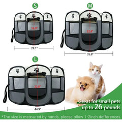 Foldable pet playpen with a mesh roof, zippered door, and spacious interior for small dogs and cats.