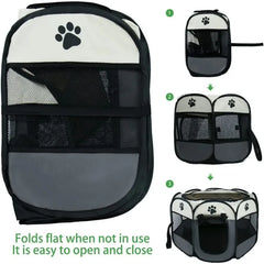 Foldable pet playpen with a mesh roof, zippered door, and spacious interior for small dogs and cats.