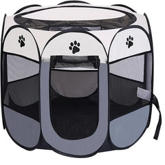 Foldable pet playpen with a mesh roof, zippered door, and spacious interior for small dogs and cats.