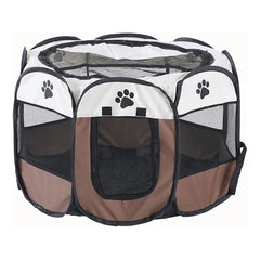 Foldable pet playpen with a mesh roof, zippered door, and spacious interior for small dogs and cats.